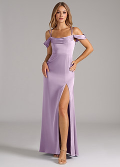 Azazie Callan Bridesmaid Dresses Frosted Lilac A-Line Pleated Stretch Satin Convertible Dress image3