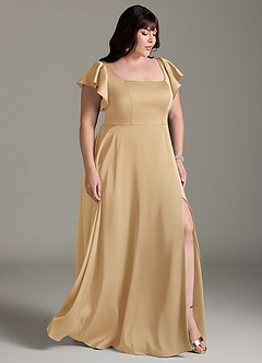 Azazie Bondi Bridesmaid Dresses Gold A-Line Bow Stretch Satin Dress image10