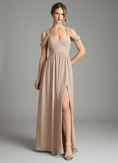 Azazie Lianne Bridesmaid Dresses Taupe A-Line Off the Shoulder Chiffon Dress image2