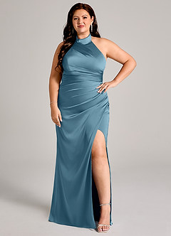 Azazie Jemma 신부 들러리 드레스 쉬스 주름진 스트레치 새틴 바닥 길이 드레스 image10