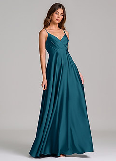 Azazie Amani Bridesmaid Dresses Ink Blue A-Line Pleated Stretch Satin Dress image1