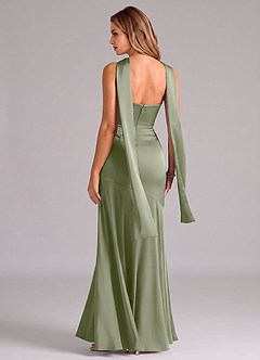 Azazie Shiloh At-home Try On Dresses Dusty Sage Mermaid Strapless Stretch Satin Convertible Dress image7