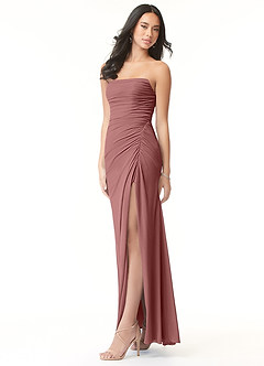 Azazie Darria Vestidos de damas de honor Vestido de Rosa Del Desierto de Chifón elástico de Corte Recto Convertible con Escote Cuadrado Plisado image3