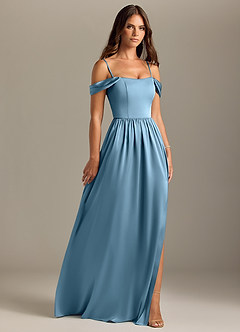 Azazie Calianna Bridesmaid Dresses Steel Blue A-Line Off the Shoulder Stretch Satin Convertible Dress image7