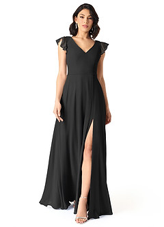 Azazie Claudine Bridesmaid Dresses Black A-Line Flutter Sleeve Chiffon Dress image2