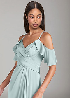 Azazie Dakota Bridesmaid Dresses Mist A-Line Off the Shoulder Stretch Satin Dress image5