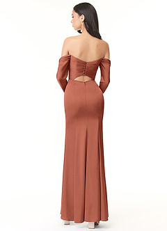 Azazie Hallie Vestidos de damas de honor Vestido de Arcilla de Satén Elástico de Corte Recto Convertible con Manga larga con hombros descubiertos image3