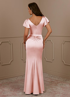 Azazie Roya Mother of the Bride Dresses Blushing Pink Mermaid V-Neck Pleated Stretch Satin Dress image4