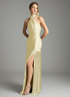 Azazie Nayeli Final Sale Lemon Sorbet A-Line Pleated Stretch Satin Dress image8
