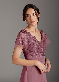 Azazie Singer Mother of the Bride Dresses Vintage Mauve A-Line V-Neck Lace Chiffon Dress image5