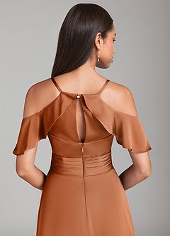 Azazie Dakota Robes de demoiselle d'honneur Robe Trapèze en Satin extensible Épaule décolletée Cuivre image6
