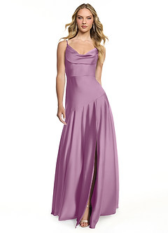 Azazie Kayla Bridesmaid Dresses Wisteria Sheath Side Slit Stretch Satin Dress image1