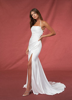 Azazie Kierra Wedding Dresses Diamond White Mermaid Pleated Stretch Satin Dress image3