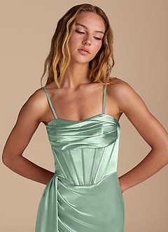 Azazie Amyra Bridesmaid Dresses Agave Mermaid Sweetheart Neckline Metallic Satin Convertible Dress image2