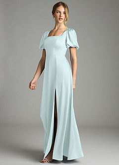 Azazie Fyona Bridesmaid Dresses Sea Glass A-Line Pleated Stretch Satin Dress image4