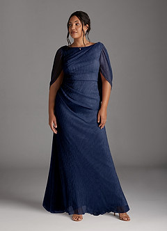 Azazie Paige Mother of the Bride Dresses Dark Navy Sheath Pleated Cape Metallic Mesh Dress image6