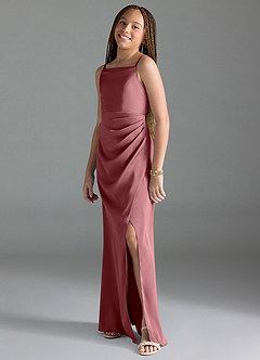 Azazie Leonis Junior Desert Rose A-Line Pleated Stretch Satin Dress image4