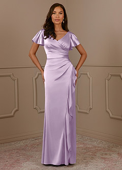 Azazie Roya Mother of the Bride Dresses Frosted Lilac Mermaid V-Neck Pleated Stretch Satin Dress image2