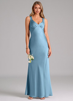 Azazie Kamila Bridesmaid Dresses Steel Blue A-Line Pleated Stretch Satin Dress image1
