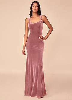 Azazie Lanessa Vestidos de damas de honor Vestido de Rosa Polvorienta de terciopelo de Corte Sirena con Cuello en V image1