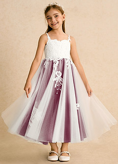 Azazie Coraline Flower Girl Dresses Ivory Mulberry A-Line Lace Dress image3