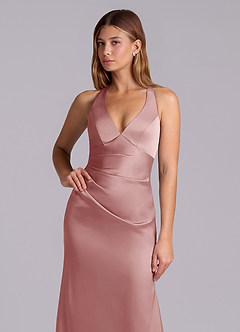 Azazie Amelie Abiti da Damigella Abito A-Line in Raso Elasticizzato Plissettato Rosa Polverosa image6