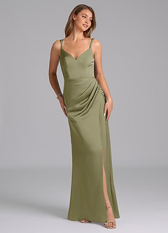 Azazie Leo Bridesmaid Dresses Pistachio Sheath Pleated Stretch Satin Dress image2