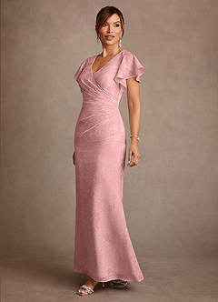 Azazie Dorina 신부의 어머니 드레스 쉬스 주름진 플로럴 자카드 발목 길이 드레스 image4