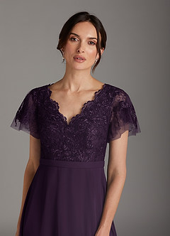 Azazie Singer Mother of the Bride Dresses Plum A-Line V-Neck Lace Chiffon Dress image6