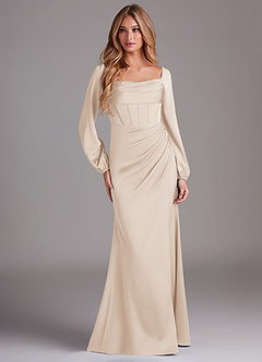 Azazie Charissa Bridesmaid Dresses White Alabaster Sheath Long Sleeve Stretch Satin Dress image3