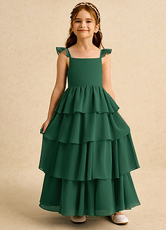 Azazie Boba vestidos de niña de las flores Vestido de Verde Oscuro de Gasa de Corte En A con Escote Cuadrado image6