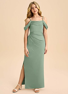 Azazie Saige Junior Matcha Sheath Off the Shoulder Stretch Satin Dress image3