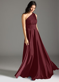 Azazie Charlize Bridesmaid Dresses Cabernet A-Line One Shoulder Stretch Satin Dress image11