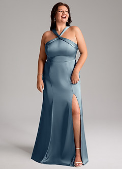 Azazie Rue Bridesmaid Dresses Dusty Blue A-Line Pleated Stretch Satin Dress image11