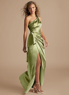 Azazie Maive Bridesmaid Dresses Pistachio Sheath Ruched Metallic Satin Dress image5