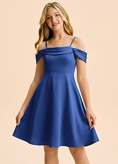 Azazie Anselie Junior Vestido Azul Real de Satén Elástico de Corte en A con Hombros descubiertos image5
