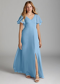 Azazie Kimber Junior Steel Blue A-Line Pleated Chiffon Dress image1