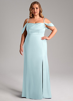 Azazie Saige Bridesmaid Dresses Cloud Blue Sheath Off the Shoulder Stretch Satin Dress image15