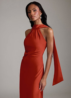 Azazie Cassiana Jurken voor bruidsmeisjes Jurk van Stretch Satijn met Zeemeermin Geplooid Roest image3