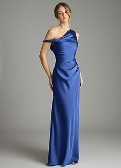 Azazie Emerson Vestidos de madrinha de casamento Vestido Royal Blue de Cetim elástico de sereia com Ombros Caídos image5