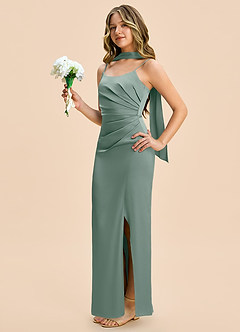 Azazie Calandra Junior Silver Sage Sheath Pleated Stretch Satin Dress image3