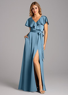 Azazie Lainey Bridesmaid Dresses Steel Blue A-Line with Pockets Stretch Satin Dress image3