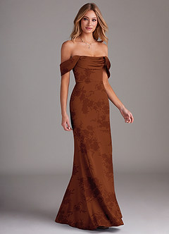 Azazie Saige Bridesmaid Dresses Burnt Orange Floral Sheath Off the Shoulder Stretch Satin Dress image6