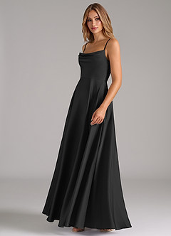 Azazie Elle Bridesmaid Dresses Black A-Line Pleated Stretch Satin Dress image6