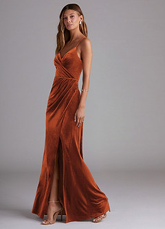 Azazie Maci Bridesmaid Dresses Burnt Orange Sheath Pleated Velvet Dress image3