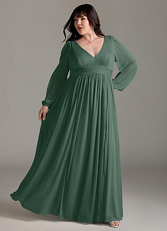 Azazie Norah Bridesmaid Dresses Sea Moss A-Line V-Neck Long Sleeve Chiffon Dress image8