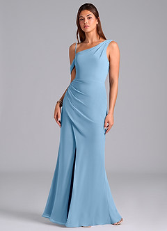 Azazie Madelyn Jurken voor bruidsmeisjes Converteerbaar Jurk van Chiffon met Zeemeermin Off the Shoulder Staal Blauw image4