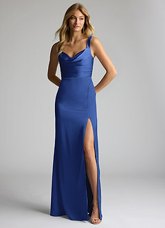Azazie Elida Bridesmaid Dresses Royal Blue Sheath Pleated Stretch Satin Dress image1