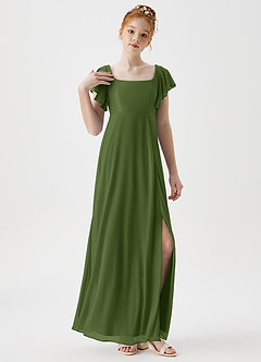 Azazie Bondi Junior A-Linie Seitliche Cut-Outs Gittergewebe Kleid Olivgrün image5