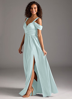 Azazie Lianne Bridesmaid Dresses Sea Glass A-Line Off the Shoulder Stretch Satin Dress image7